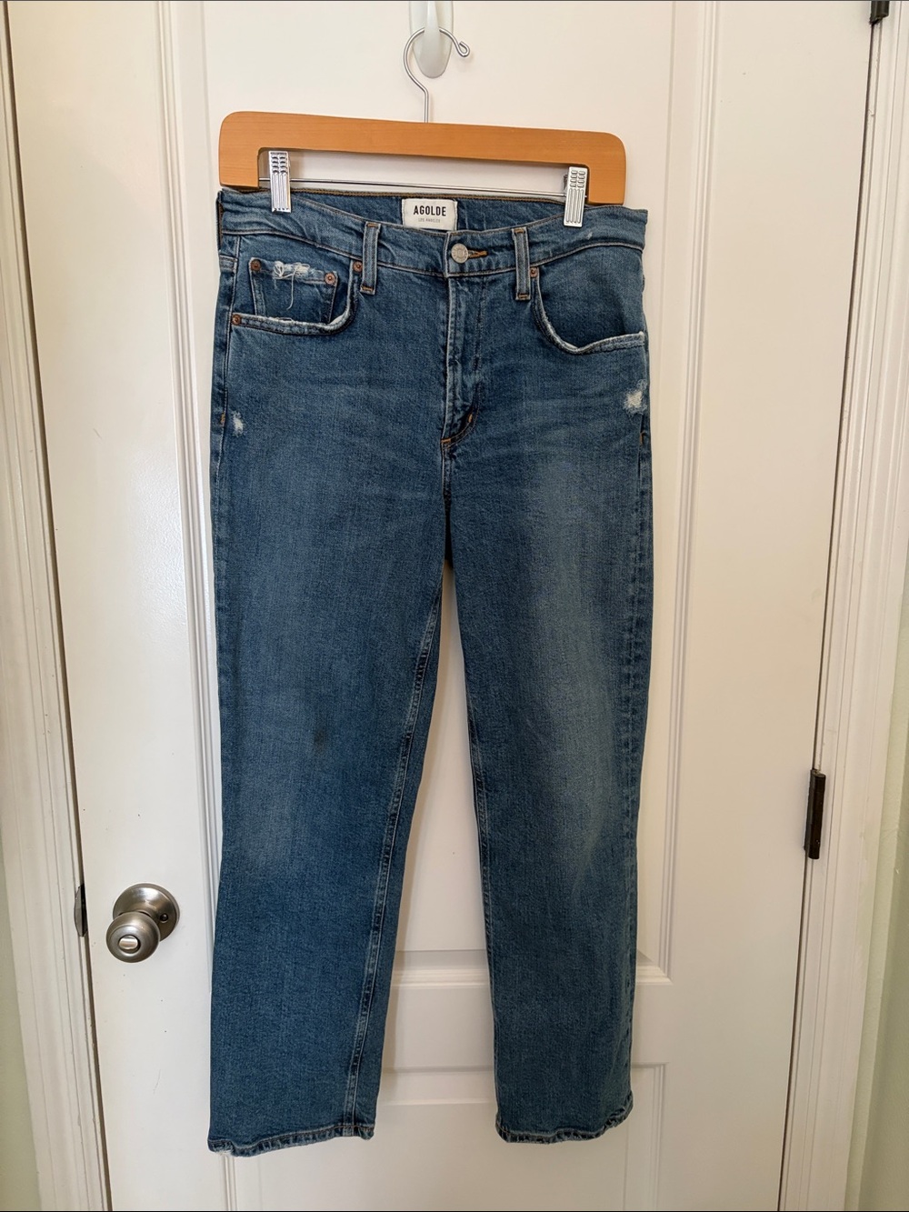 Agolde Blue Straight Leg Jeans with Subtle Distress